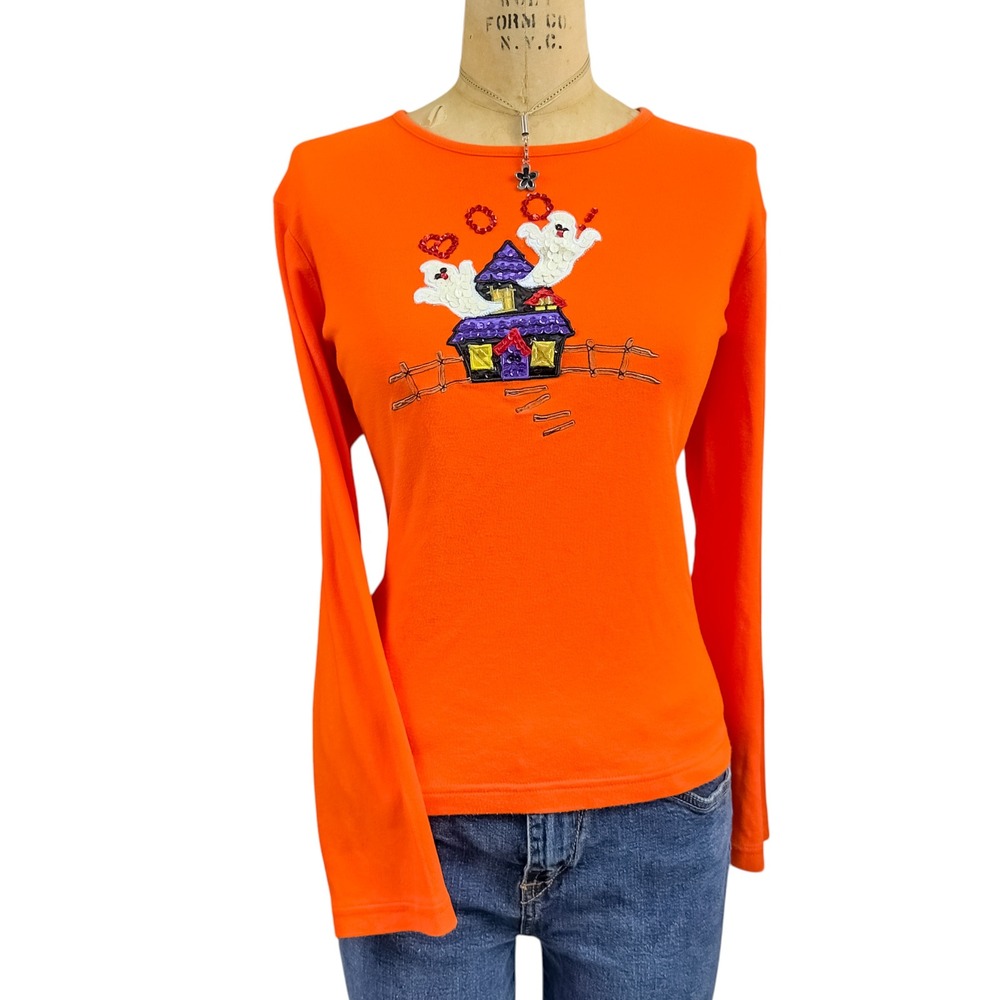 90s Novelty Halloween Orange Top Sequin Ghost Festive Long Sleeve Spooky Size L
